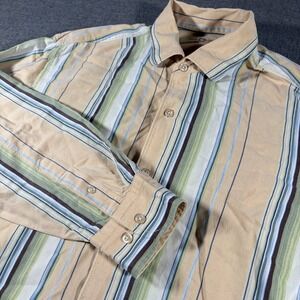 Tommy Bahama Button Up Mens Large Tan‎ Green Striped Long Sleeve Tencel Shirt